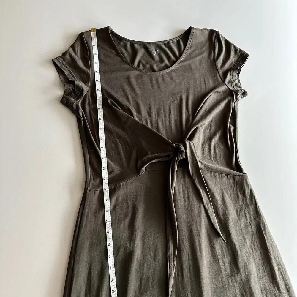 Garnet Hill Tencel Blend Draped Tie Front Short Sleeve‎ Maxi Grey Brown Dress M